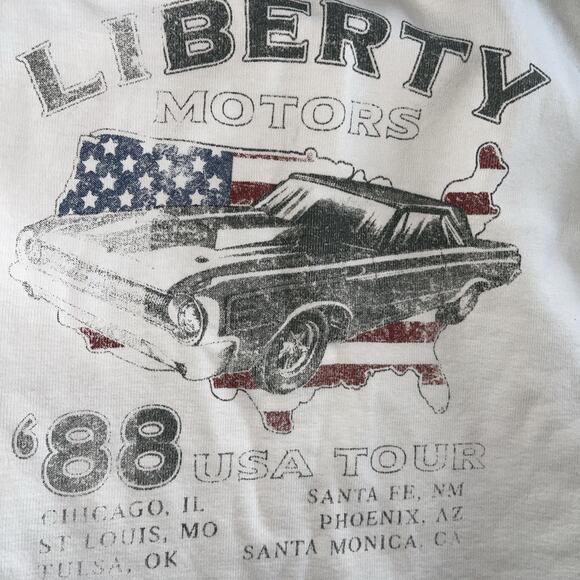 Forever 21 cropped raglan tee, 'Liberty Motors '88' graphic. Size M, white/tan, - Picture 4 of 7
